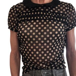 KENAR MaryJane 60s Polka Dot Sheer Black Top medium